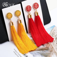 Load image into Gallery viewer, BICUX Fashion Bohemian Tassel Crystal Long Earrings White Red Silk Fabric Drop Dangle Tassel Earrings For Women 2019 Jewelry