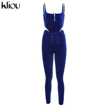 Load image into Gallery viewer, Kliou velvet women fitness sporting two pieces set outfit strapless sleeveless bodysuit + leggings Drawstring pants tracksuits