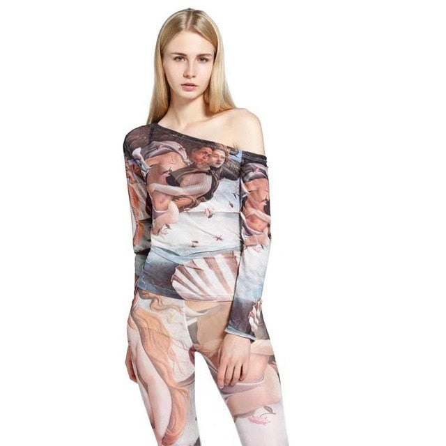 GetSpring Women T Shirt Print Sexy Strapless Long Sleeve Women Tshirt Irregular Tshirt Women T-shirt Bottoming Women Top 2019