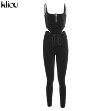 Load image into Gallery viewer, Kliou velvet women fitness sporting two pieces set outfit strapless sleeveless bodysuit + leggings Drawstring pants tracksuits