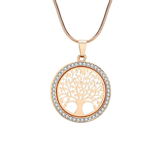 Hot Tree of Life Crystal Round Small Pendant Necklace Gold Silver Colors Bijoux Collier Elegant Women Jewelry Gifts