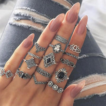 Load image into Gallery viewer, 15 Pcs/set Bohemian Retro Crystal Flower Leaves Hollow Lotus Gem Silver Ring Set Women Wedding Anniversary Gift