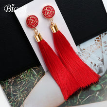 Load image into Gallery viewer, BICUX Fashion Bohemian Tassel Crystal Long Earrings White Red Silk Fabric Drop Dangle Tassel Earrings For Women 2019 Jewelry