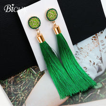 Load image into Gallery viewer, BICUX Fashion Bohemian Tassel Crystal Long Earrings White Red Silk Fabric Drop Dangle Tassel Earrings For Women 2019 Jewelry