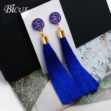 Load image into Gallery viewer, BICUX Fashion Bohemian Tassel Crystal Long Earrings White Red Silk Fabric Drop Dangle Tassel Earrings For Women 2019 Jewelry