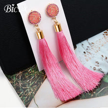 Load image into Gallery viewer, BICUX Fashion Bohemian Tassel Crystal Long Earrings White Red Silk Fabric Drop Dangle Tassel Earrings For Women 2019 Jewelry