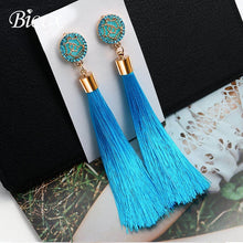 Load image into Gallery viewer, BICUX Fashion Bohemian Tassel Crystal Long Earrings White Red Silk Fabric Drop Dangle Tassel Earrings For Women 2019 Jewelry