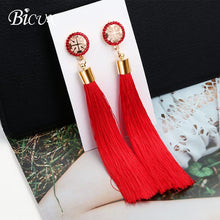 Load image into Gallery viewer, BICUX Fashion Bohemian Tassel Crystal Long Earrings White Red Silk Fabric Drop Dangle Tassel Earrings For Women 2019 Jewelry