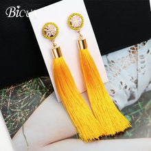 Load image into Gallery viewer, BICUX Fashion Bohemian Tassel Crystal Long Earrings White Red Silk Fabric Drop Dangle Tassel Earrings For Women 2019 Jewelry