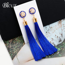 Load image into Gallery viewer, BICUX Fashion Bohemian Tassel Crystal Long Earrings White Red Silk Fabric Drop Dangle Tassel Earrings For Women 2019 Jewelry