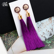 Load image into Gallery viewer, BICUX Fashion Bohemian Tassel Crystal Long Earrings White Red Silk Fabric Drop Dangle Tassel Earrings For Women 2019 Jewelry