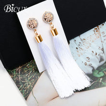 Load image into Gallery viewer, BICUX Fashion Bohemian Tassel Crystal Long Earrings White Red Silk Fabric Drop Dangle Tassel Earrings For Women 2019 Jewelry