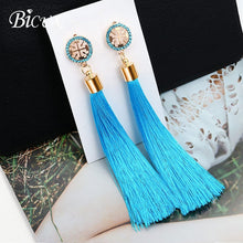 Load image into Gallery viewer, BICUX Fashion Bohemian Tassel Crystal Long Earrings White Red Silk Fabric Drop Dangle Tassel Earrings For Women 2019 Jewelry